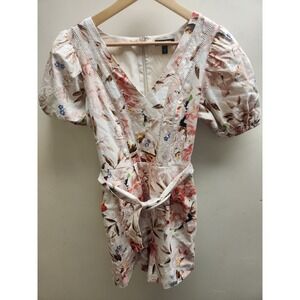 Express Floral Puff Sleeve Romper‎ Womens XS Belted V-Neck Pink Cream Summer